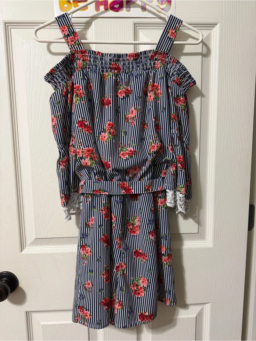 My Michelle Navy & White Striped Floral Cold-Shoulder One-Piece